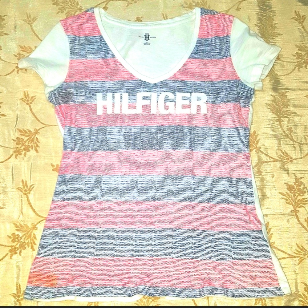 Tommy Hilfiger Striped V-Neck Graphic Contrast Tee